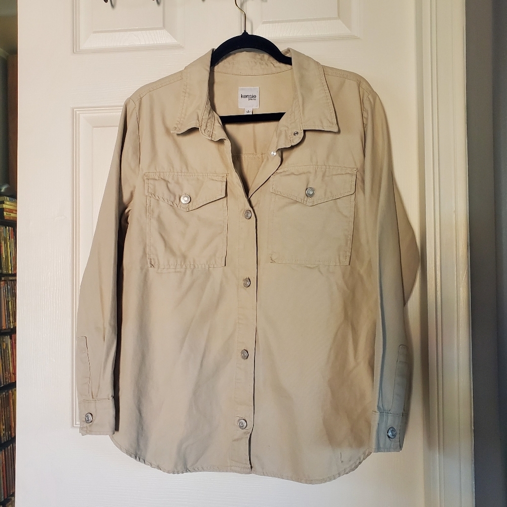 Kensie Utility Jacket Shaket Tan Button-up Preppy Casual Minimalist Safari Large